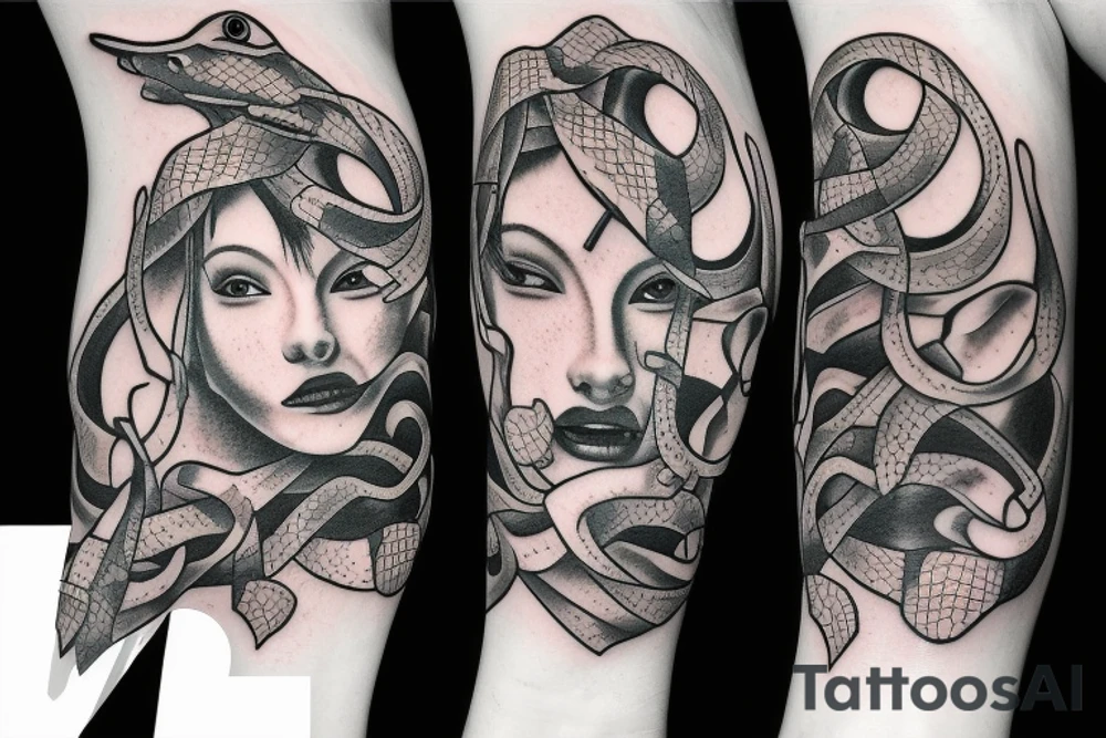 Snake with detailed head bites tattoo idea