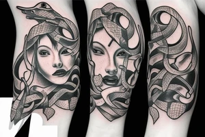 Snake with detailed head bites tattoo idea