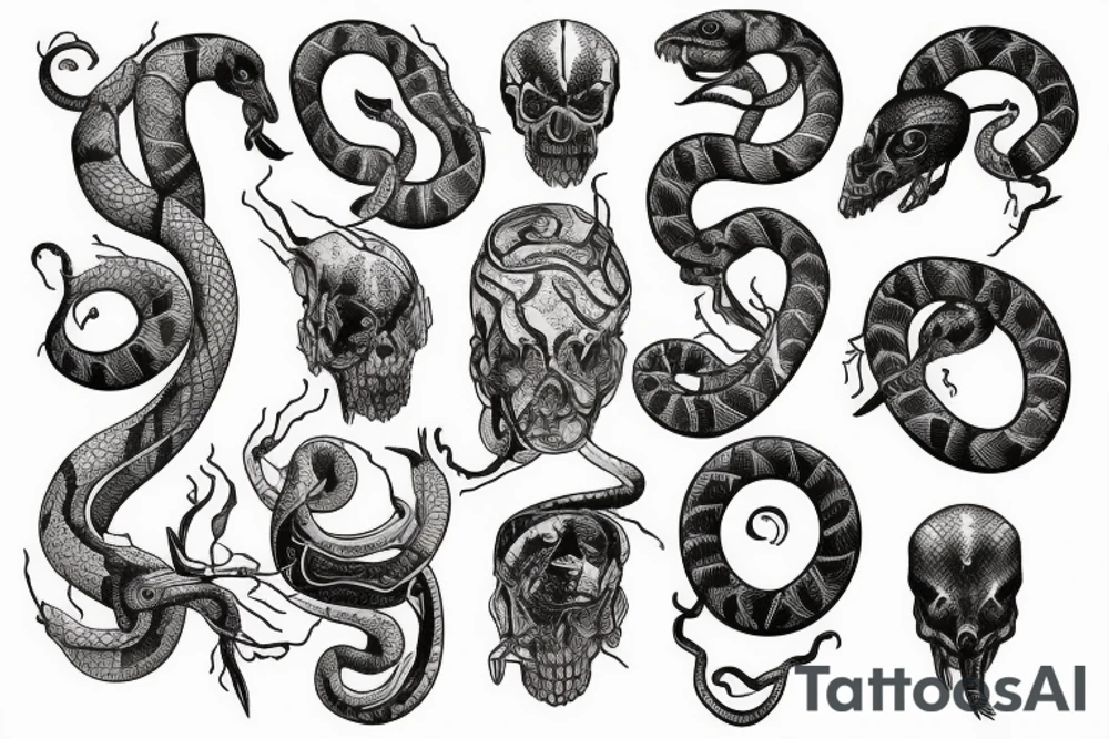 Snake with detailed head bites tattoo idea