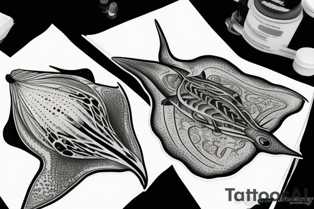 High definition manta ray aquatic scene black and white tattoo idea