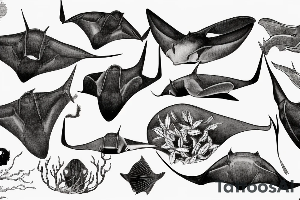 High definition manta ray aquatic scene black and white tattoo idea