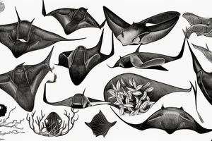 High definition manta ray aquatic scene black and white tattoo idea