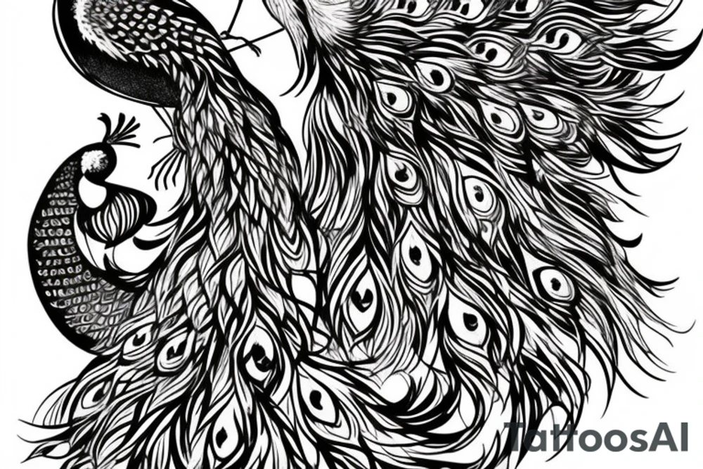 Peacock with open wings flying stretched long great big expanded tattoo idea