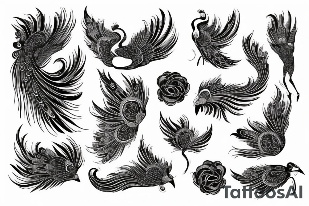Peacock with open wings flying stretched long great big expanded thin tattoo idea
