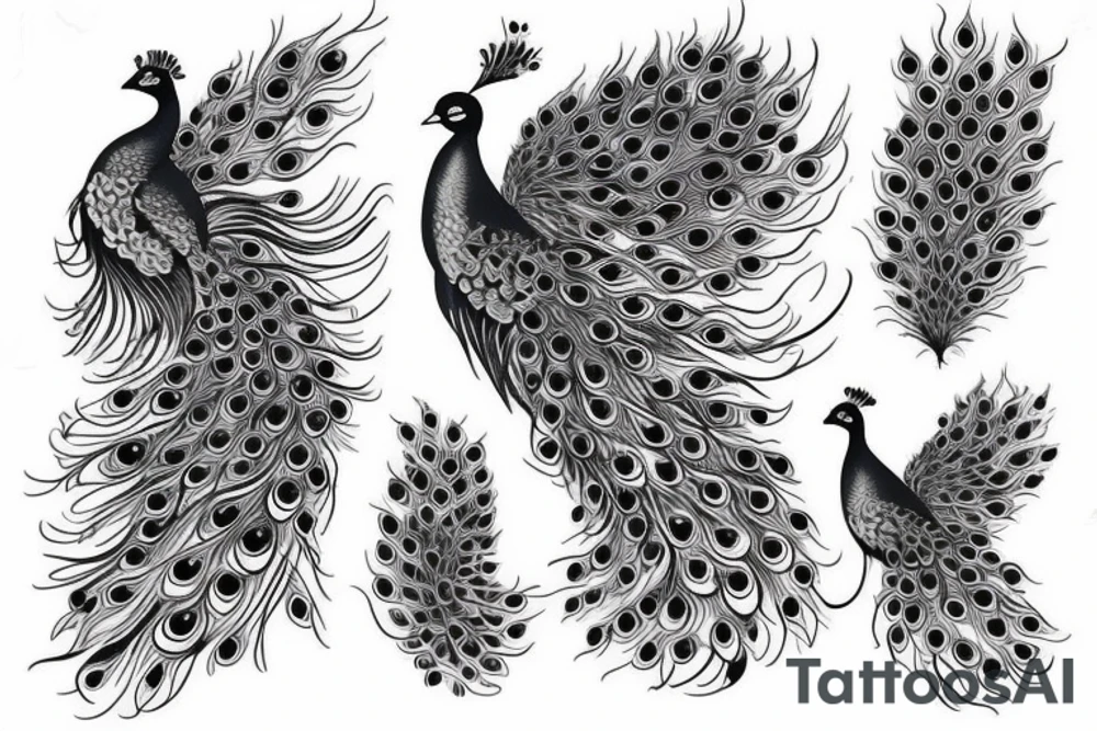 Peacock with open wings flying stretched long great big expanded thin tattoo idea