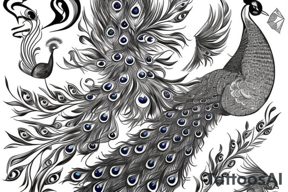 Peacock with open wings flying stretched long great big expanded thin tattoo idea