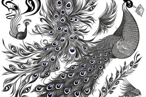 Peacock with open wings flying stretched long great big expanded thin tattoo idea