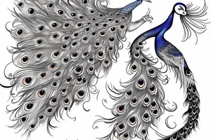Peacock with open wings flying stretched long great big expanded thin tattoo idea