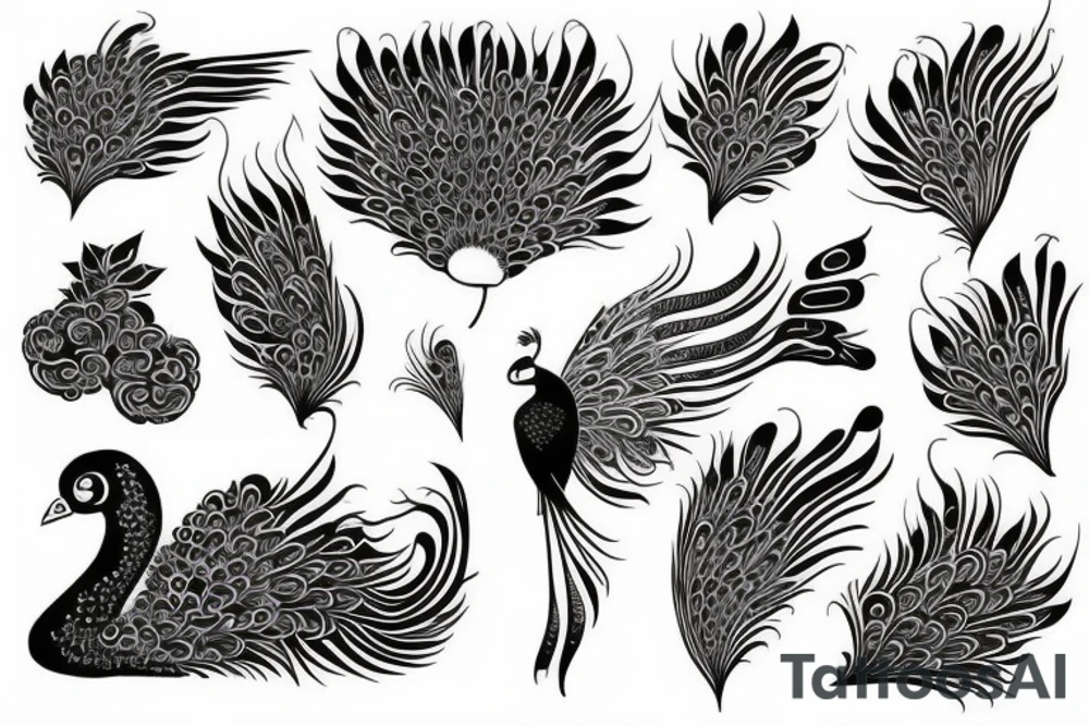 Peacock with open wings flying stretched long great big expanded thin tattoo idea