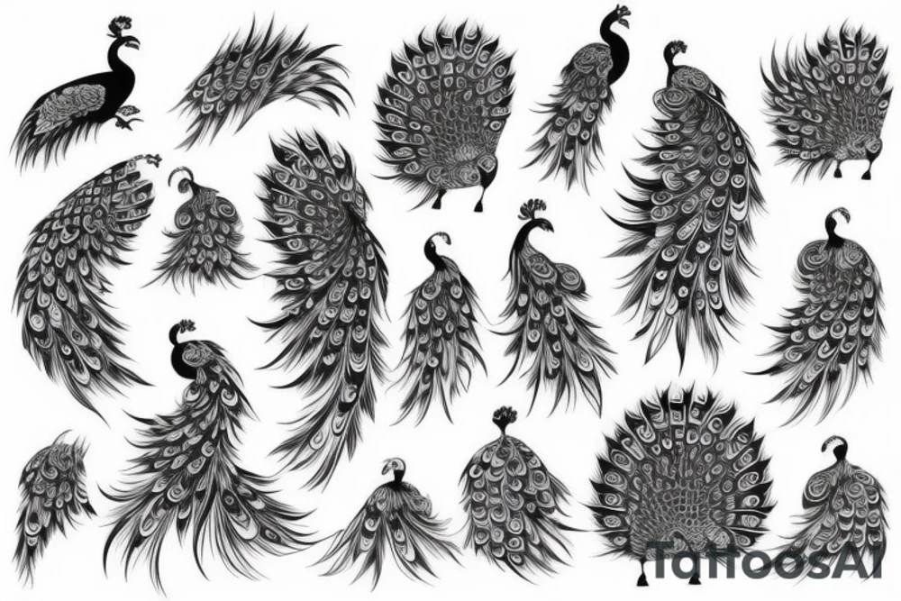Peacock with open wings flying stretched long great big expanded thin tattoo idea