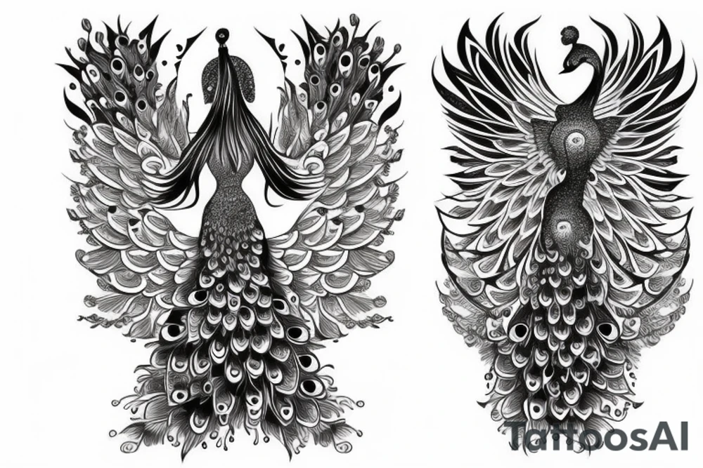 Strange peacock with open wings full body tattoo idea