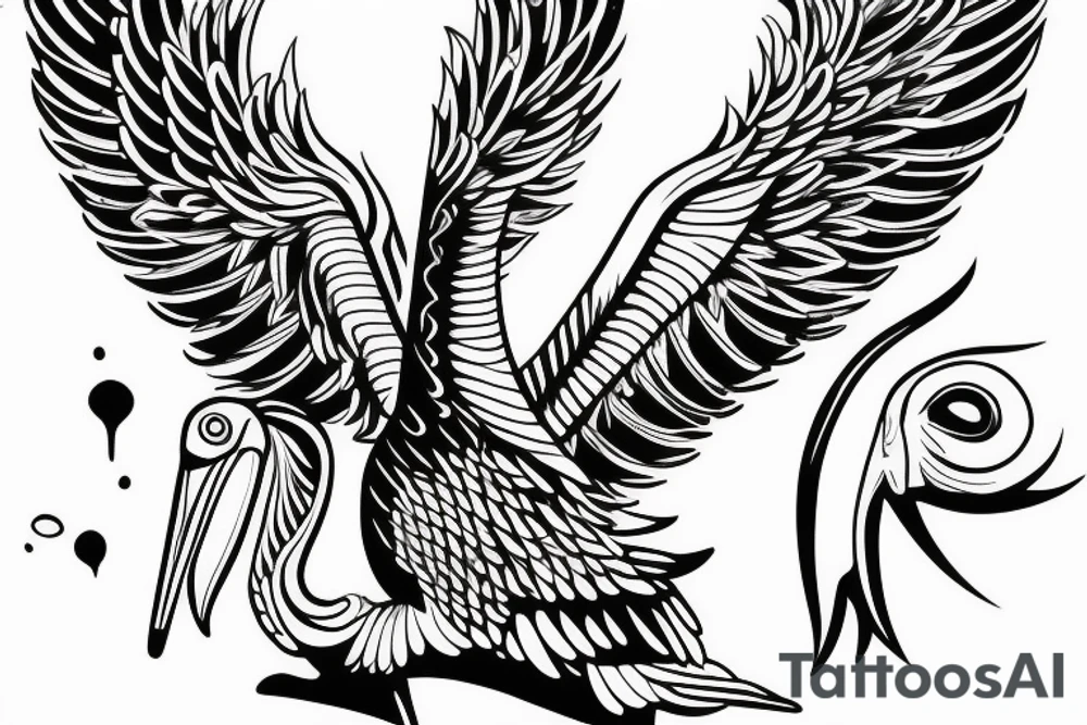 Simple pelican with open wings full body bleeding bitting itself tattoo idea