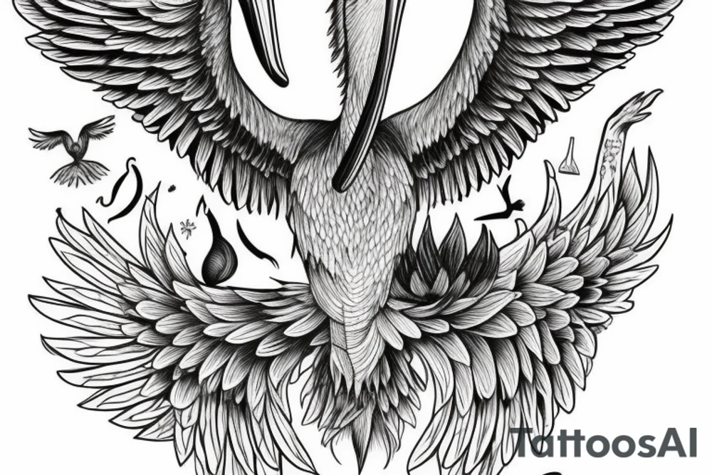 Simple pelican with open wings full body bleeding tattoo idea