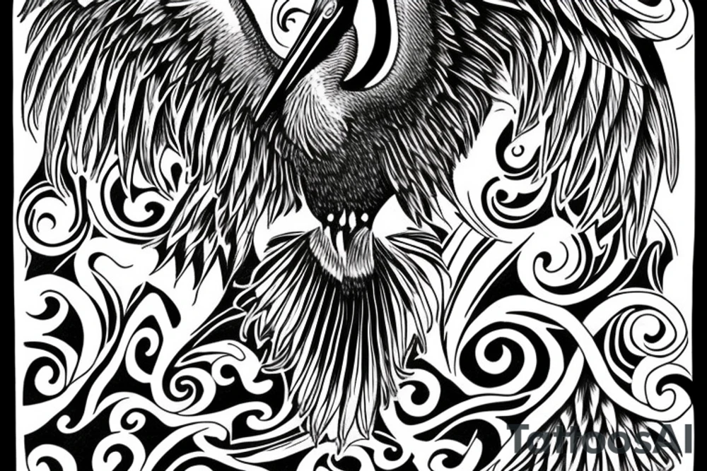 Pelican with open wings full bleeding tattoo idea