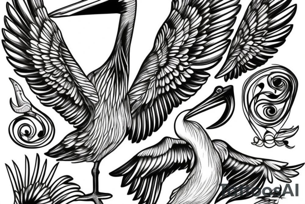 Pelican with open wings suffering tattoo idea