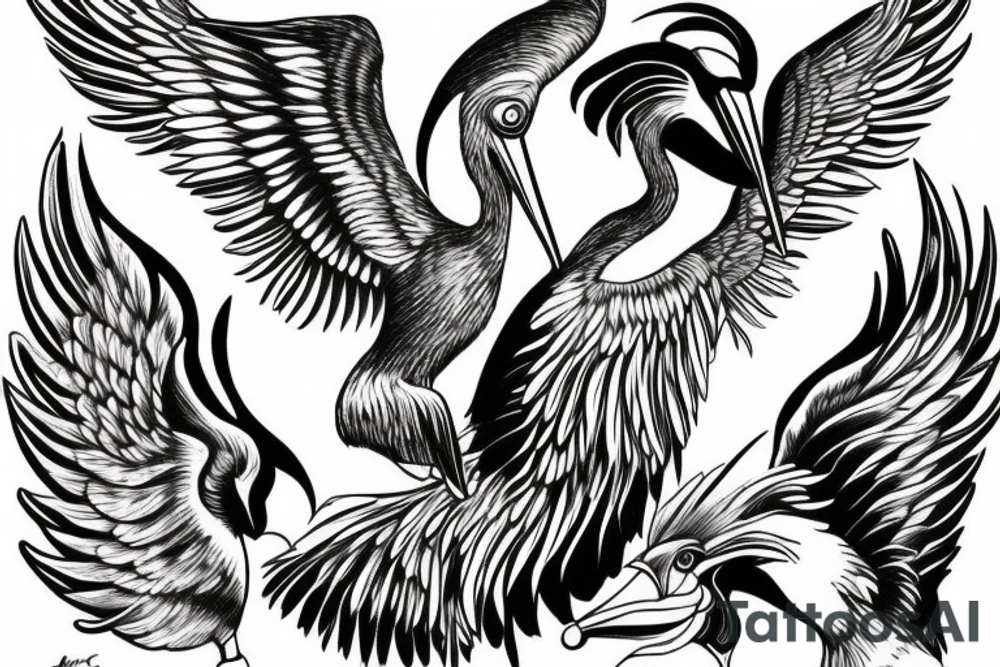 Pelican with open wings suffering tattoo idea