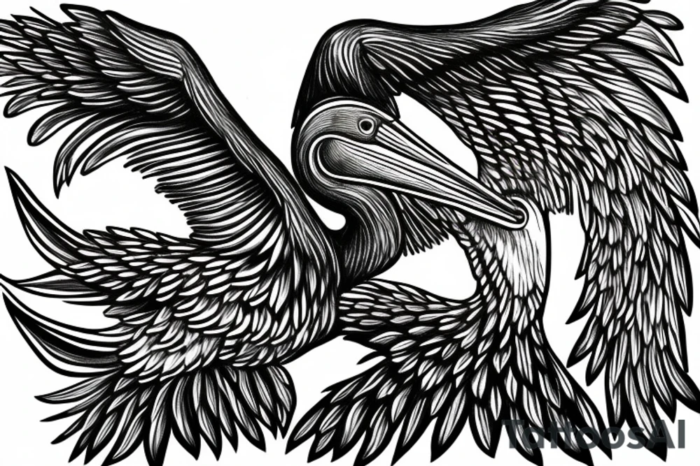 Big pelican with open wings suffering tattoo idea