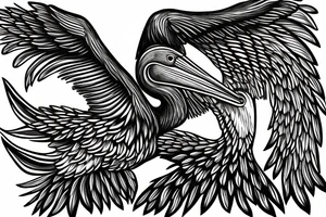 Big pelican with open wings suffering tattoo idea