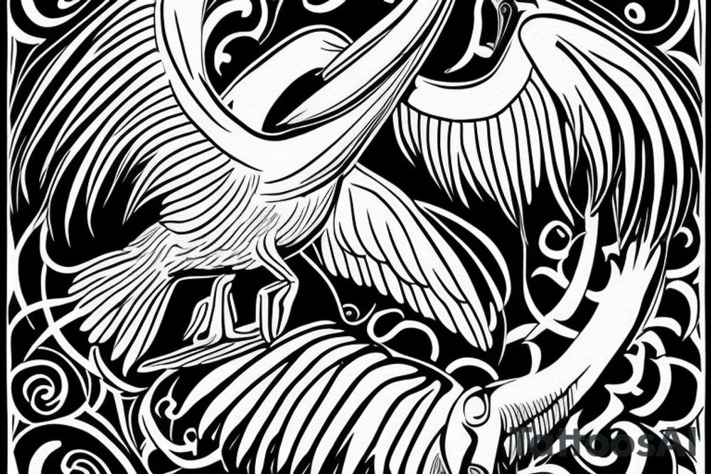 Big pelican with open wings suffering tattoo idea