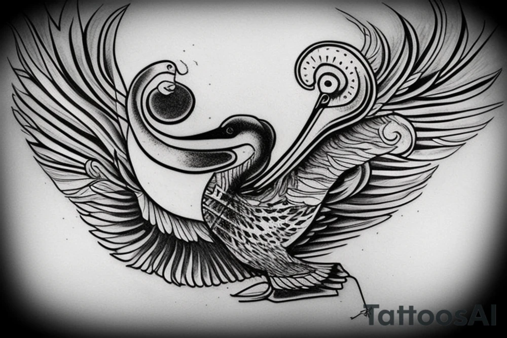 Big pelican with open wings suffering tattoo idea