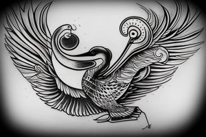Big pelican with open wings suffering tattoo idea