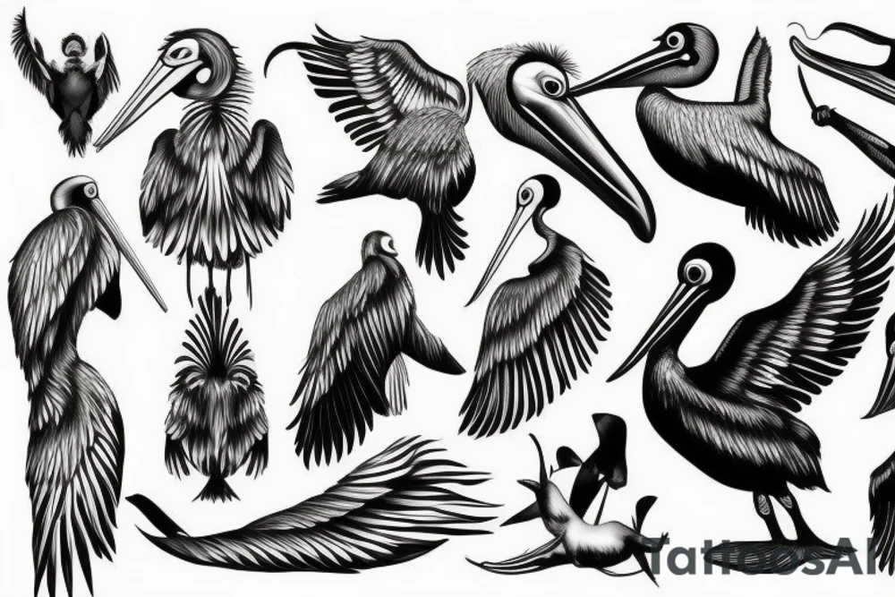 Big pelican with open wings suffering tattoo idea