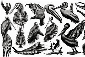 Big pelican with open wings suffering tattoo idea