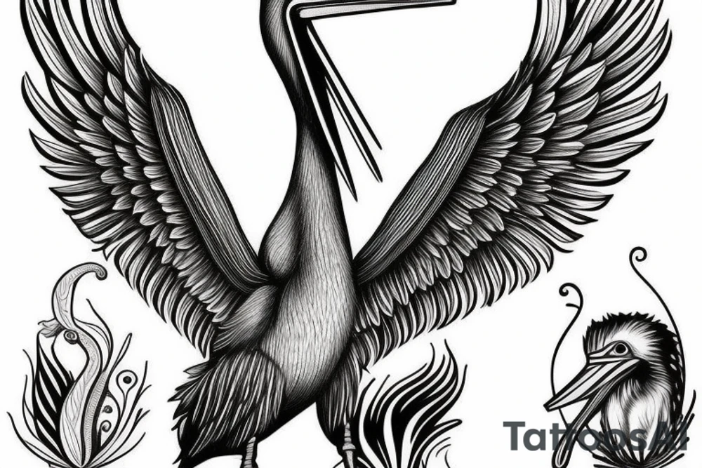Big pelican with open wings suffering tattoo idea