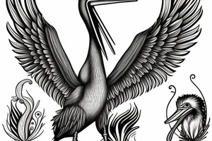 Big pelican with open wings suffering tattoo idea