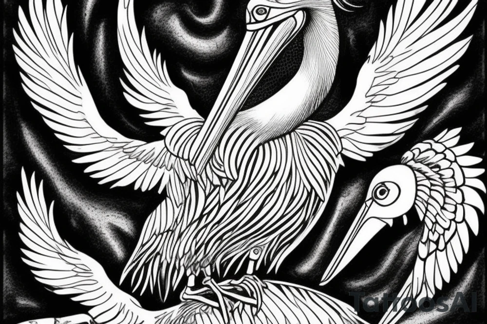 Big pelican with open wings suffering tattoo idea