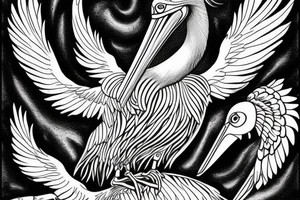 Big pelican with open wings suffering tattoo idea