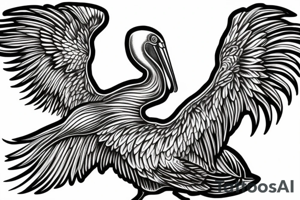 Big pelican with open wings big nozzle tattoo idea