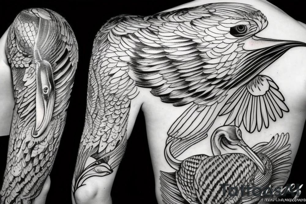 Long pelican with open wings open nozzle tattoo idea