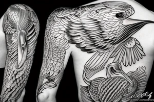 Long pelican with open wings open nozzle tattoo idea