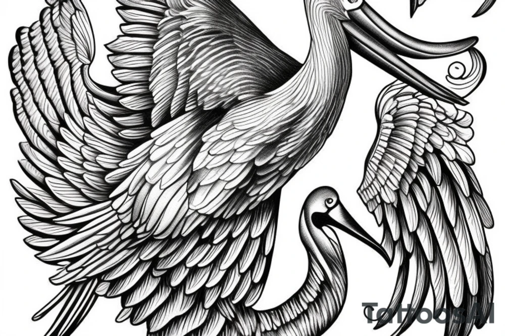 Long divine pelican with open wings tattoo idea