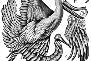 Long divine pelican with open wings tattoo idea