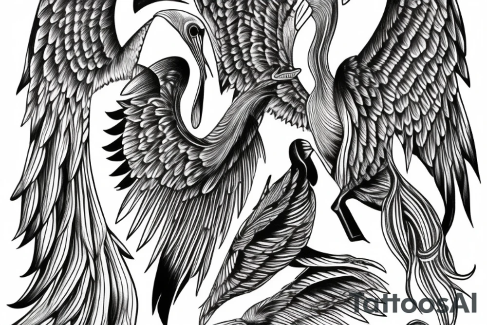 Long divine pelican with open wings tattoo idea