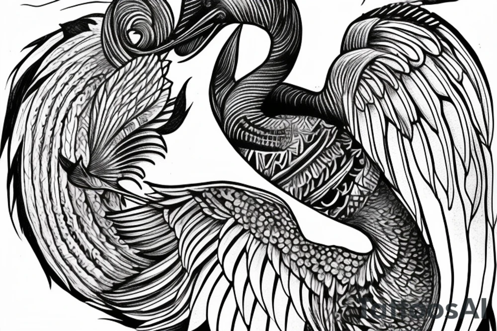 Long divine pelican with open wings full drawing tattoo idea