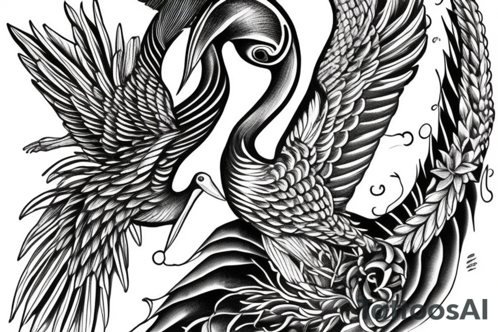 Long divine pelican with open wings full drawing tattoo idea