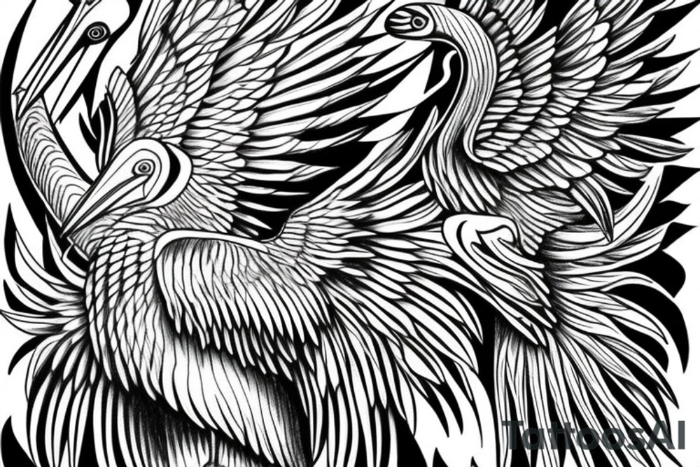 Long pelican with open wings full drawing tattoo idea