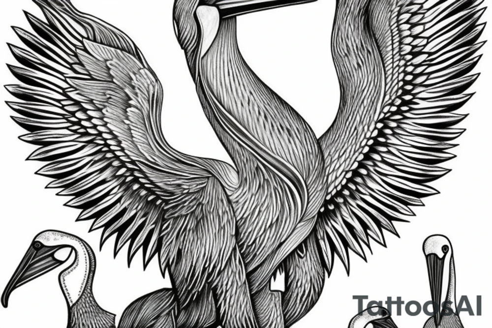 Long pelican with open wings full drawing tattoo idea