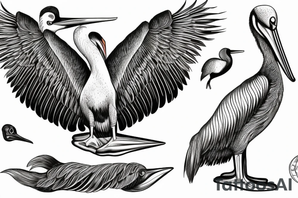 Long pelican with open wings full drawing tattoo idea