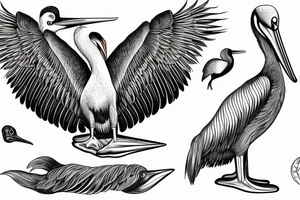 Long pelican with open wings full drawing tattoo idea