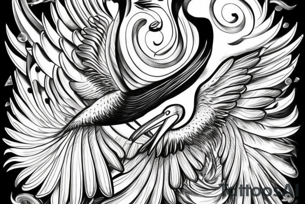 Long pelican with open wings full drawing tattoo idea