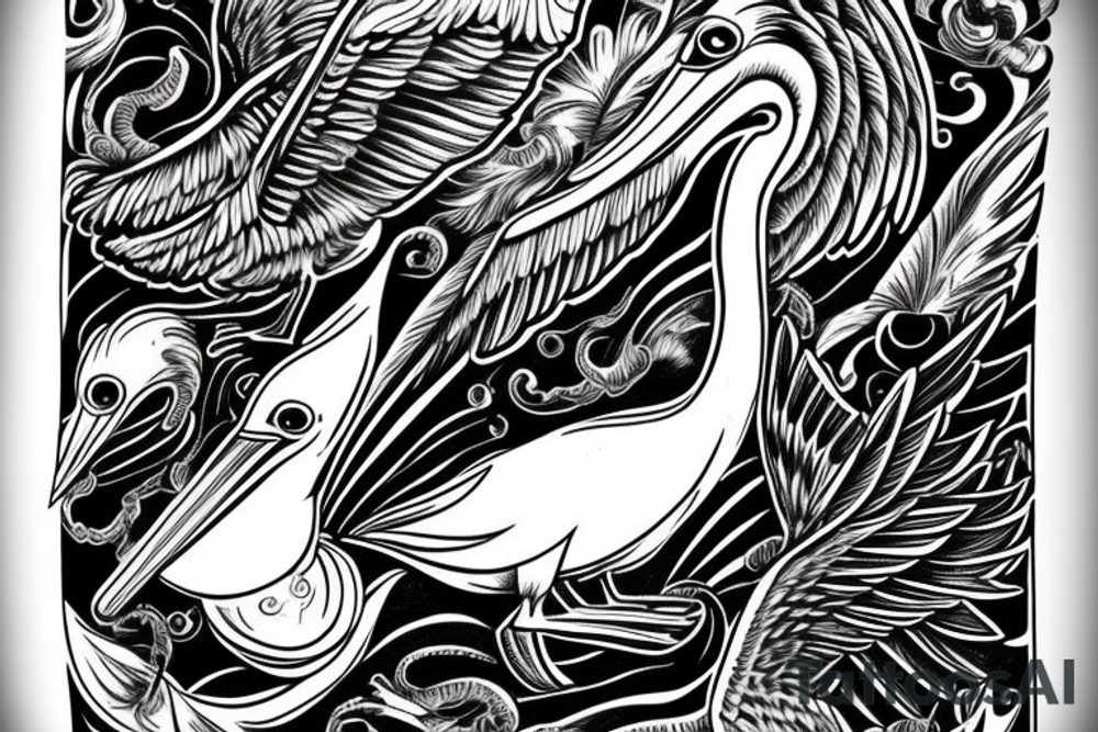 Long pelican with open wings sideview full drawing tattoo idea