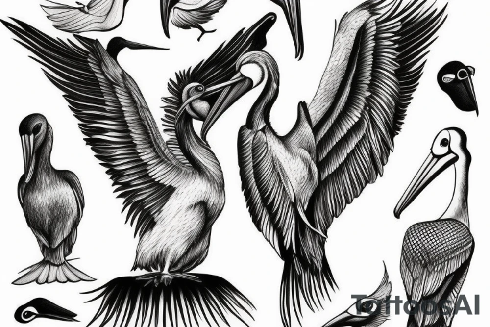 Long pelican with open wings side full drawing tattoo idea