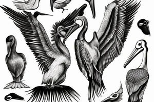 Long pelican with open wings side full drawing tattoo idea