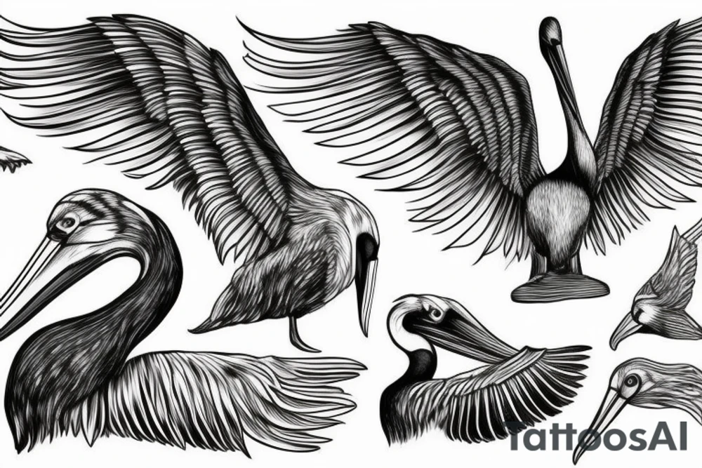 Long pelican with open wings side full drawing tattoo idea