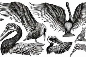 Long pelican with open wings side full drawing tattoo idea
