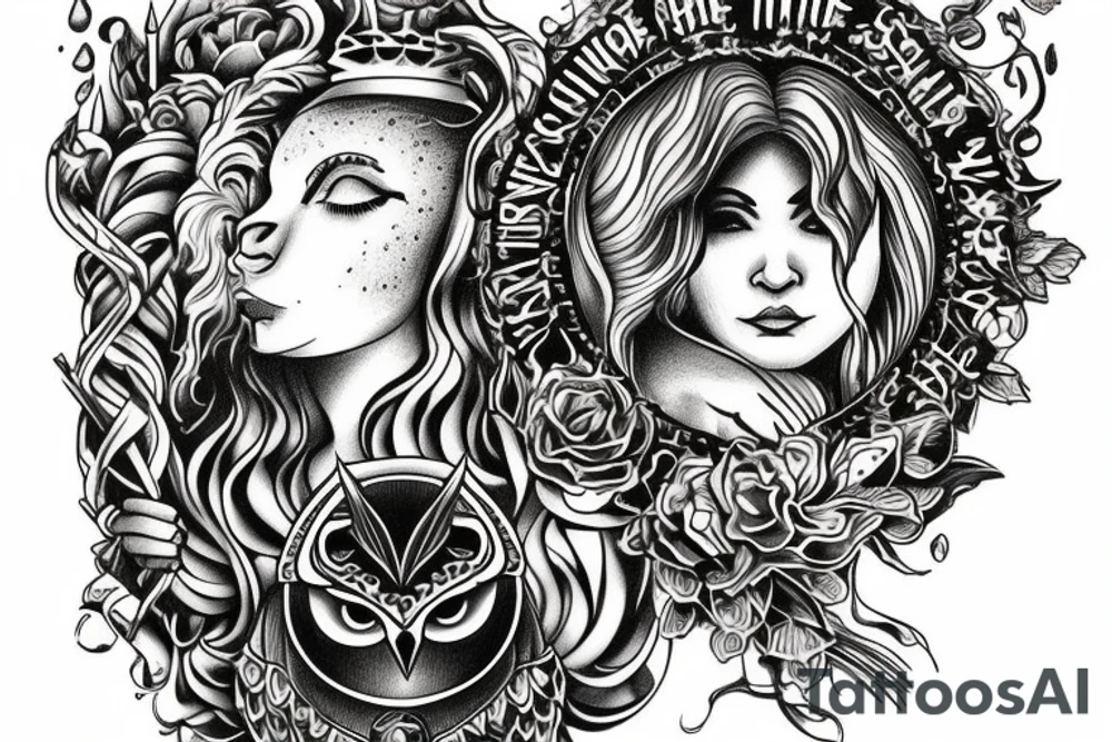 4 virtues, temperance signified by a woman pouring wine into a cup, courage signified by a lion, wisdom signified by an owl, justice signified by scales, inner forearm tattoo tattoo idea